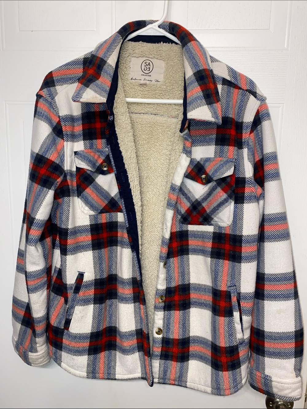 SAGE Women's Sherpa-Lined Plaid Shacket - White, Navy & Red